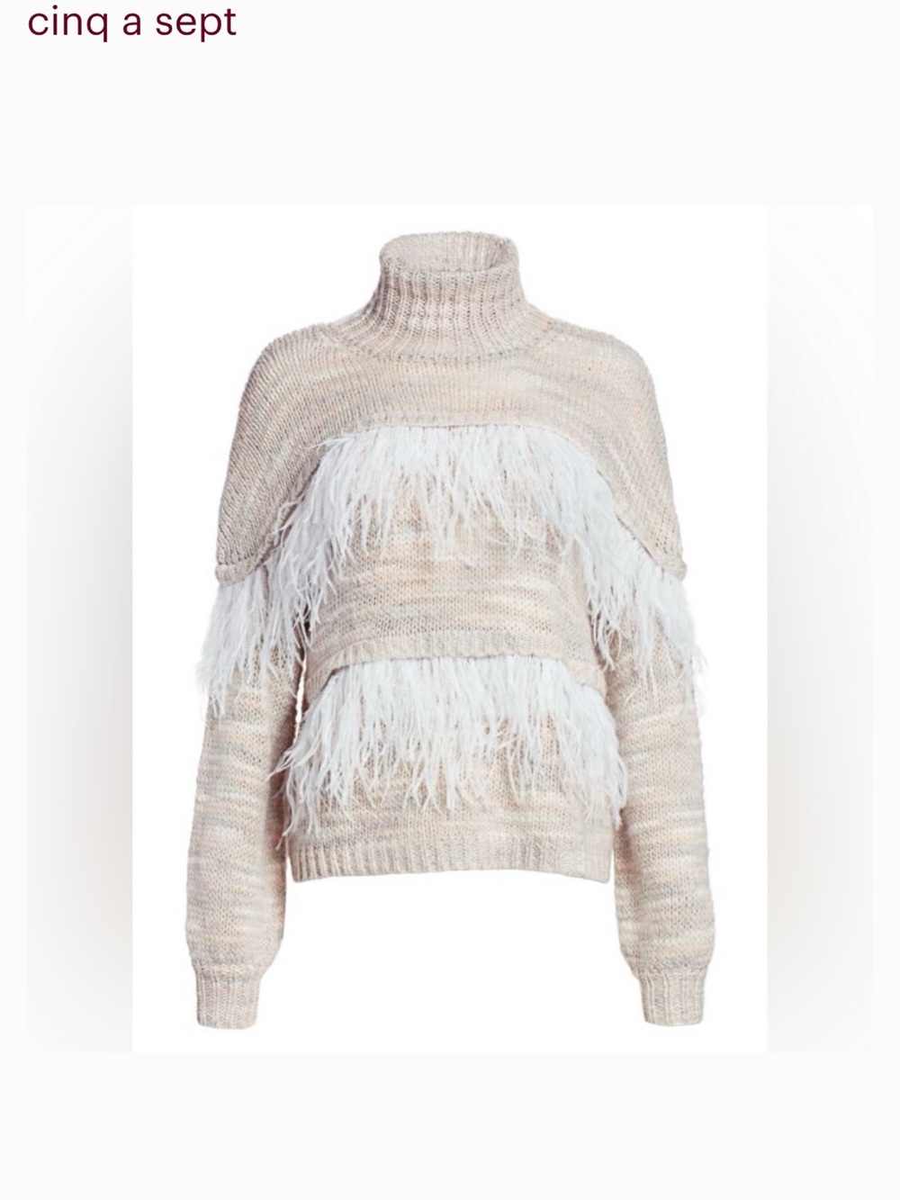 cinq a sept Ivory Feather-Trim Turtleneck Sweater